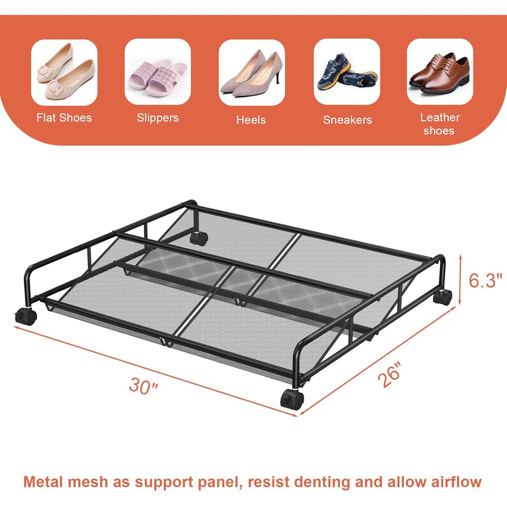 Under Bed Shoe Storage Organizer, 2 Pack Metal Mesh with Wheels Z2544