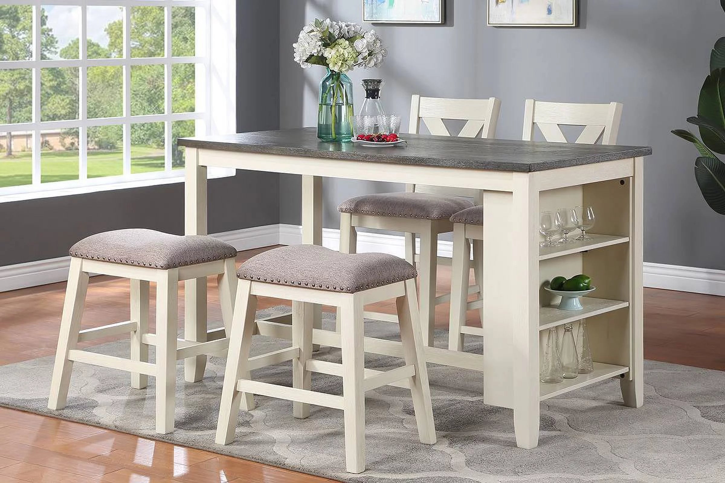 5pc Counter Height Dining Table with Storage Shelves and Stools X567878
