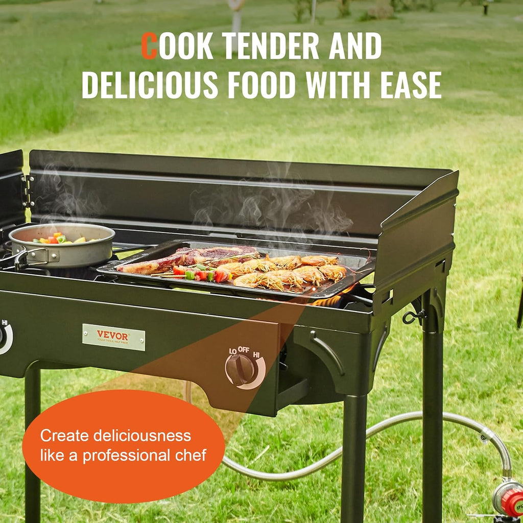 Outdoor Propane Burner, 2 Burner Stove with Windscreen, Heavy Duty Gas Cooker with Detachable Legs Stand S96726