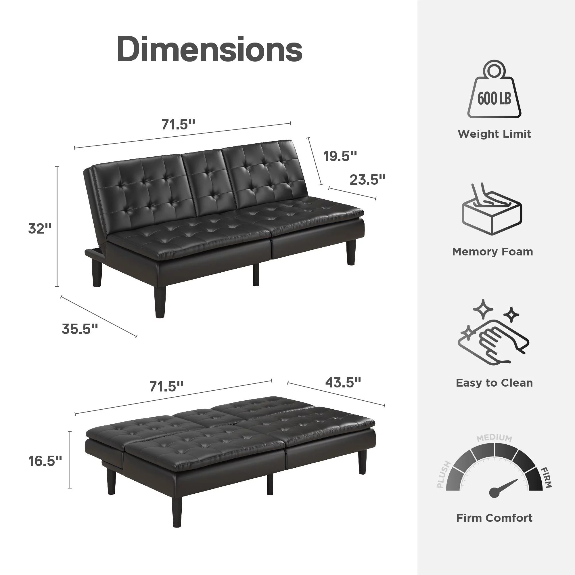 Memory Foam Futon with Cupholder and USB, Black Faux Leather Y2494