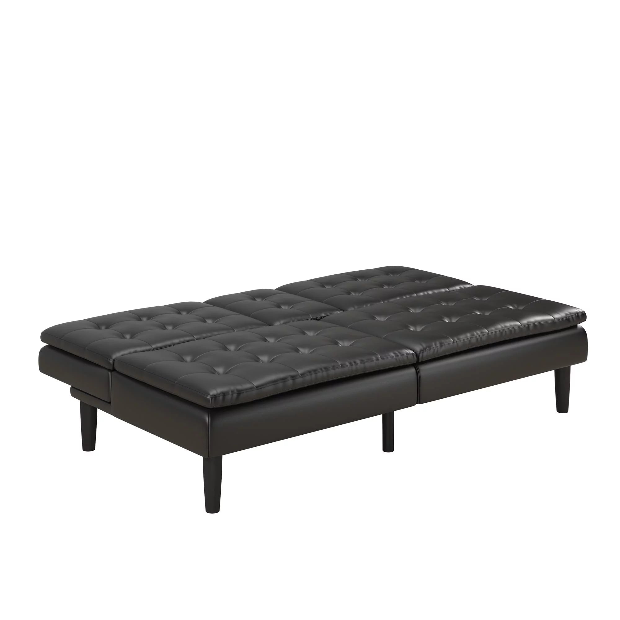 Memory Foam Futon with Cupholder and USB, Black Faux Leather Y2494