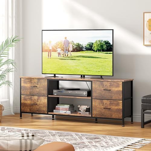 TV Stand with 4 Fabric Drawers and Open Shelves for 50" TV, Black Wood Veins I88170