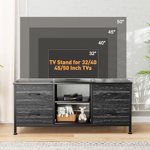 TV Stand with 4 Fabric Drawers and Open Shelves for 50" TV, Black Wood Veins I88170