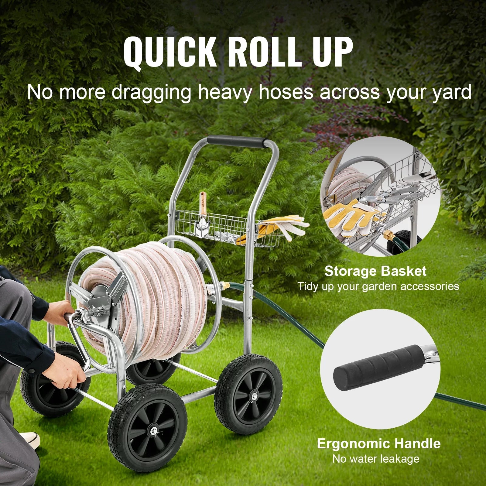 Hose Reel Cart with Wheels, Metal, Holds 250 ft of 5/8" Hose E917384