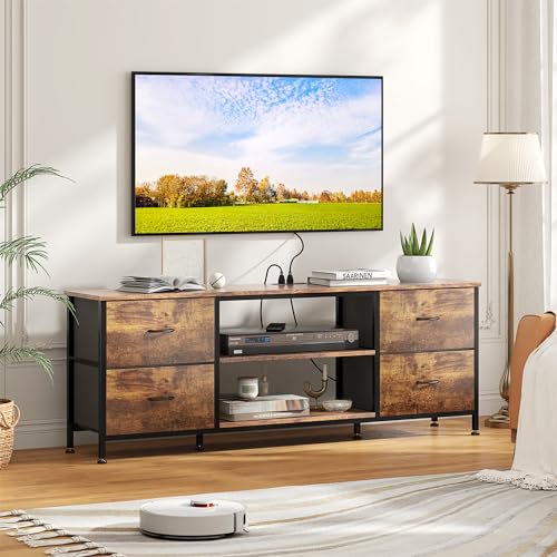 TV Stand with 4 Fabric Drawers and Open Shelves for 50" TV, Black Wood Veins I88170