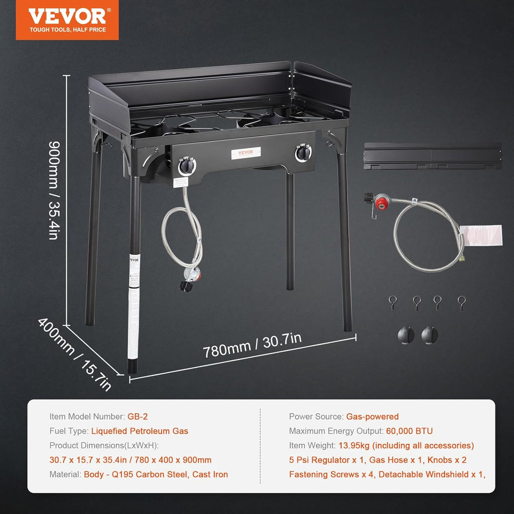 Outdoor Propane Burner, 2 Burner Stove with Windscreen, Heavy Duty Gas Cooker with Detachable Legs Stand S96726