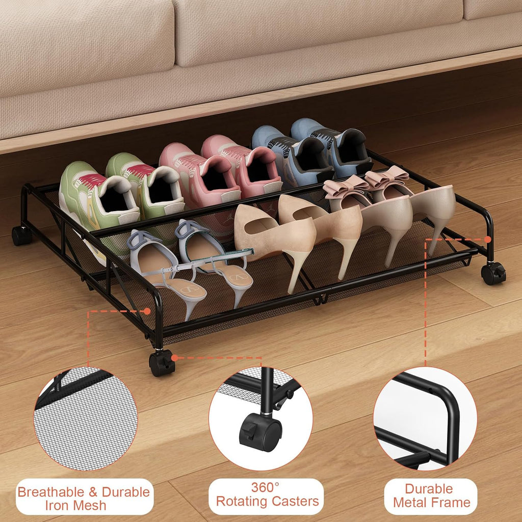 Under Bed Shoe Storage Organizer, 2 Pack Metal Mesh with Wheels Z2544