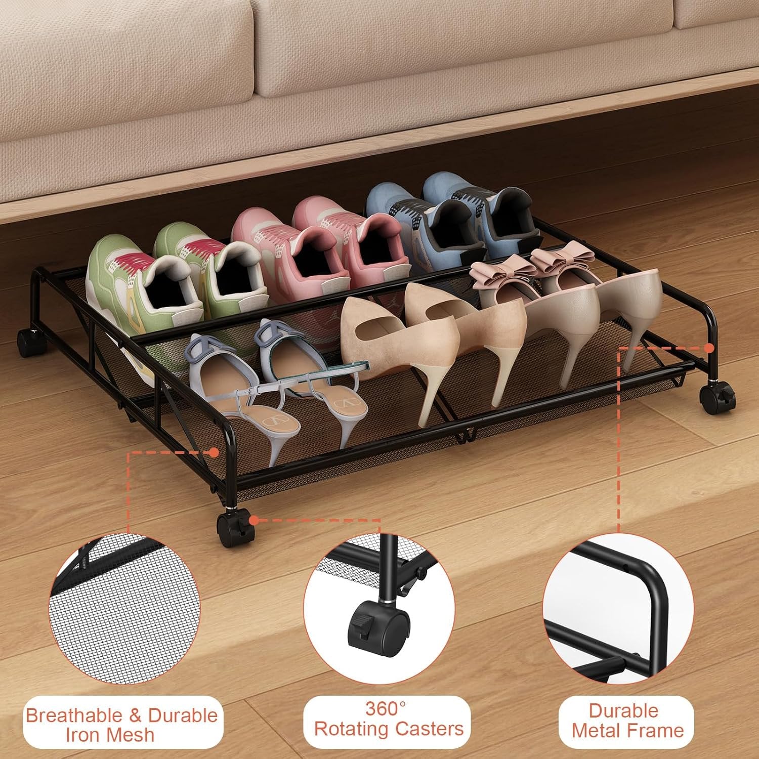 Under Bed Shoe Storage Organizer, 2 Pack Metal Mesh with Wheels Z2544