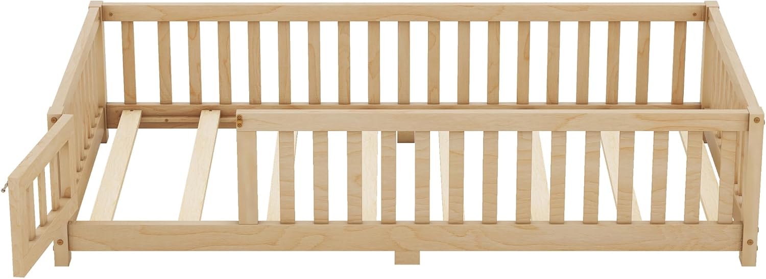 Twin Size Montessori Floor Bed with Door and Fence for Kids, Easy Assembly, Natural H441837