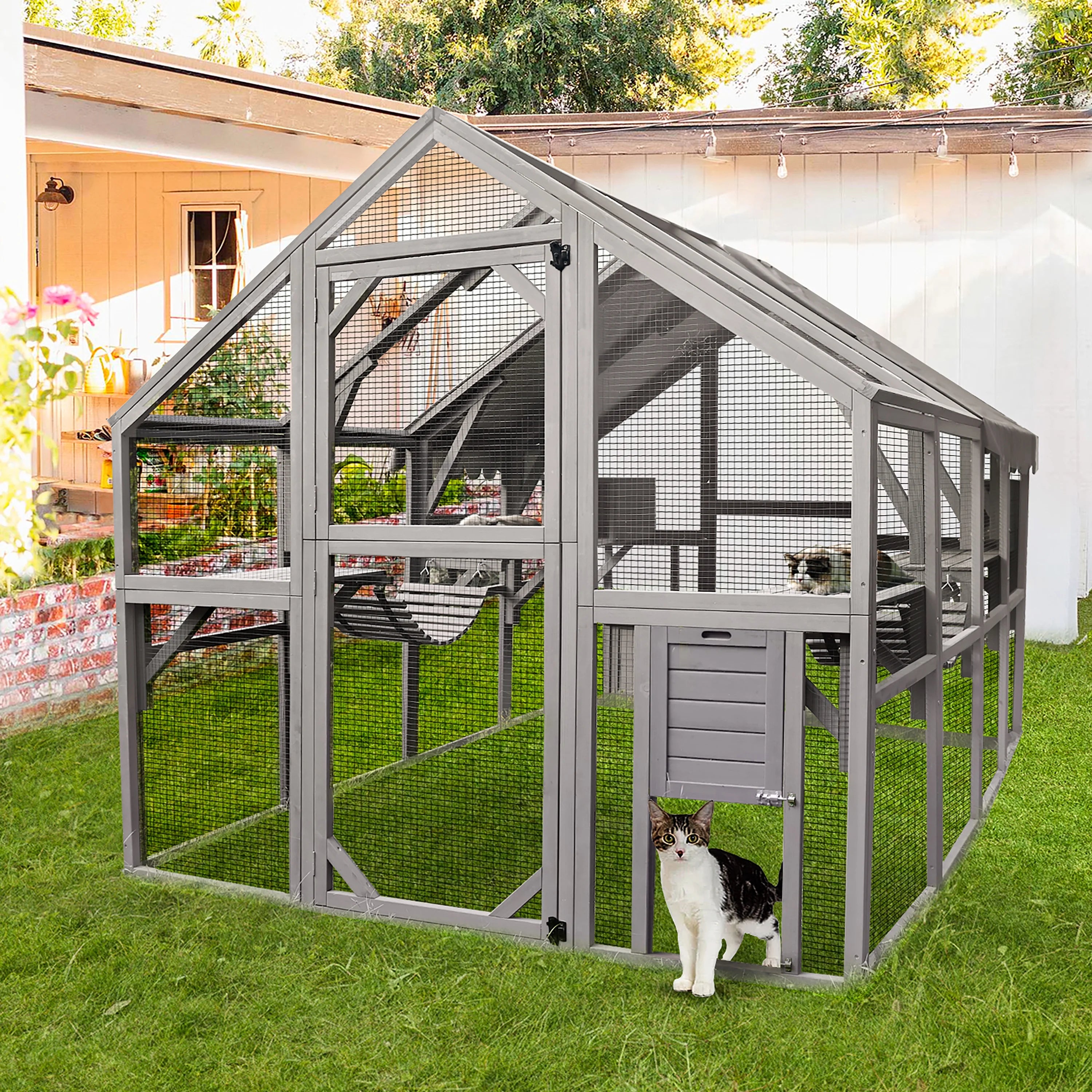 Outdoor Walk-in Catio Enclosure with Bridges and Platforms J984