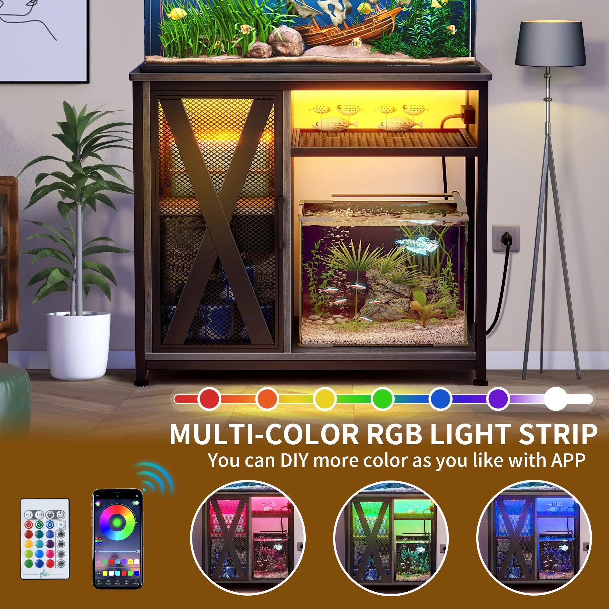 Metal Aquarium Stand with Power Outlets and LED Light for 40-50 Gallon Tank I7698