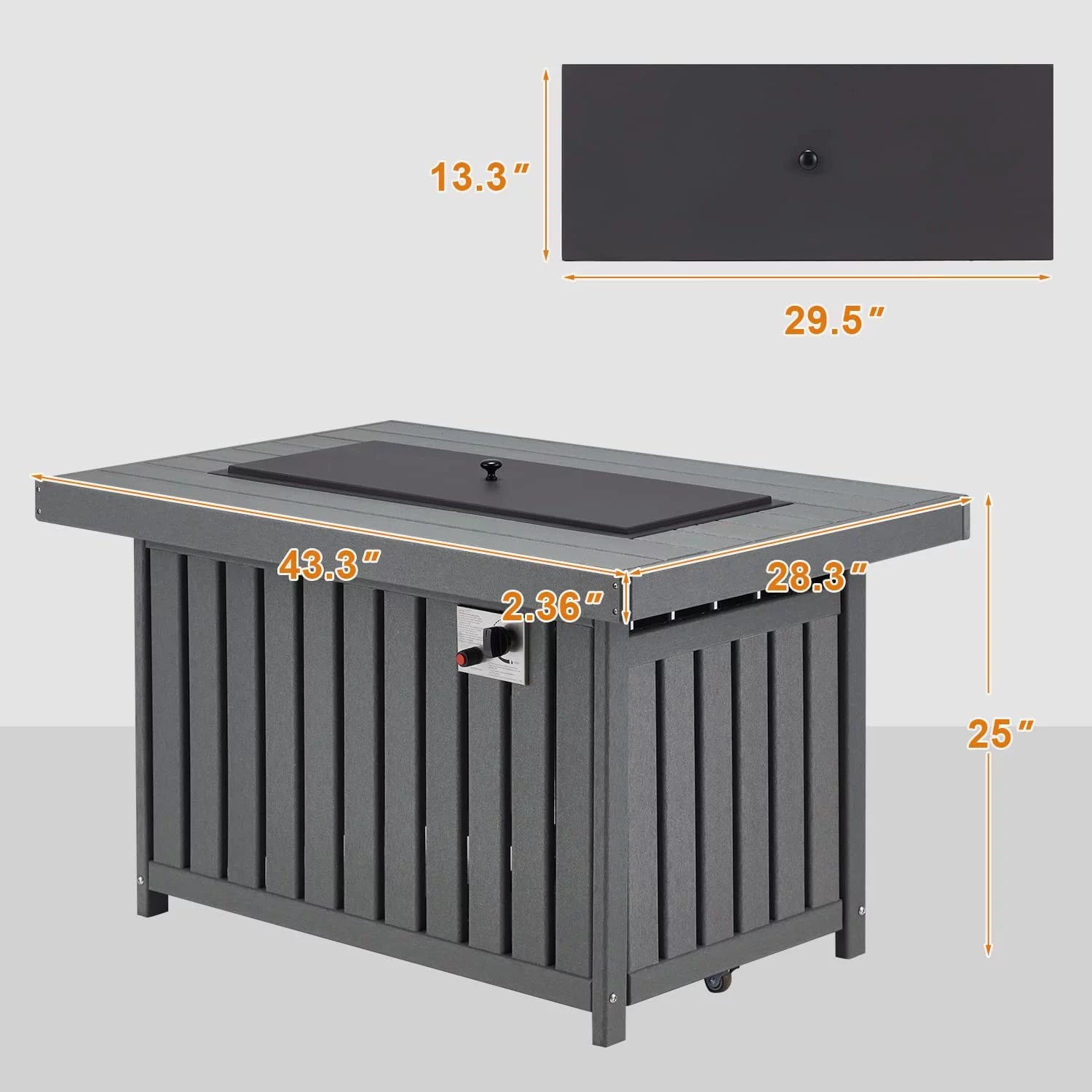 43 Inch HDPE Propane Fire Pit Table with Lid and Fire Glass, Gray E1551