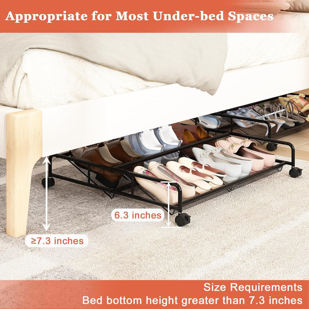 Under Bed Shoe Storage Organizer, 2 Pack Metal Mesh with Wheels Z2544