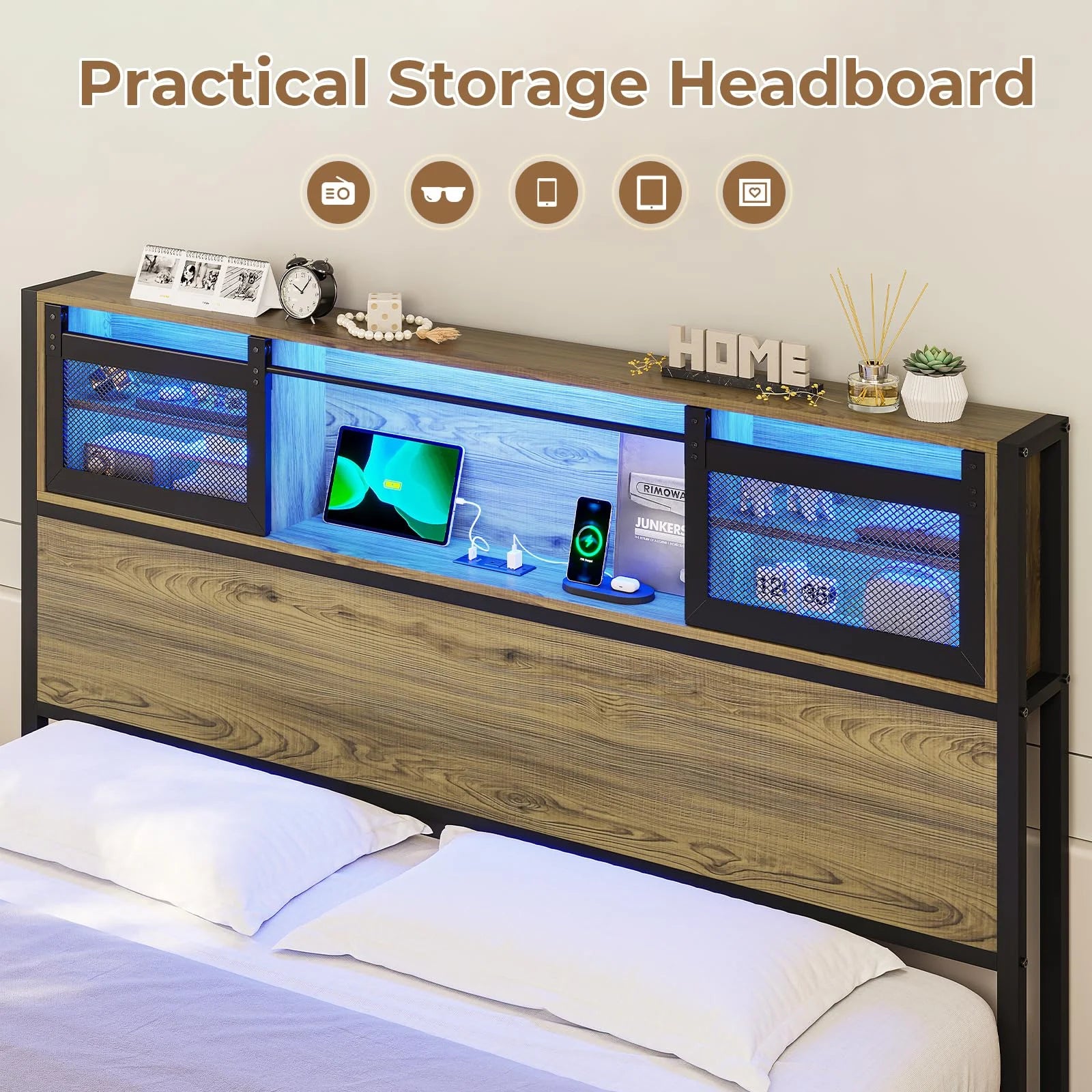 Metal Platform Bed Frame with 4 Storage Drawers and Charging Station, Oak Grey D1347