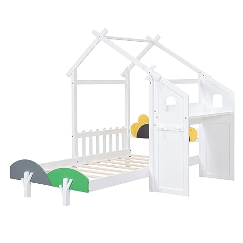 House-Shaped Twin Size Platform Bed with Windmill and Flower Decor G54063