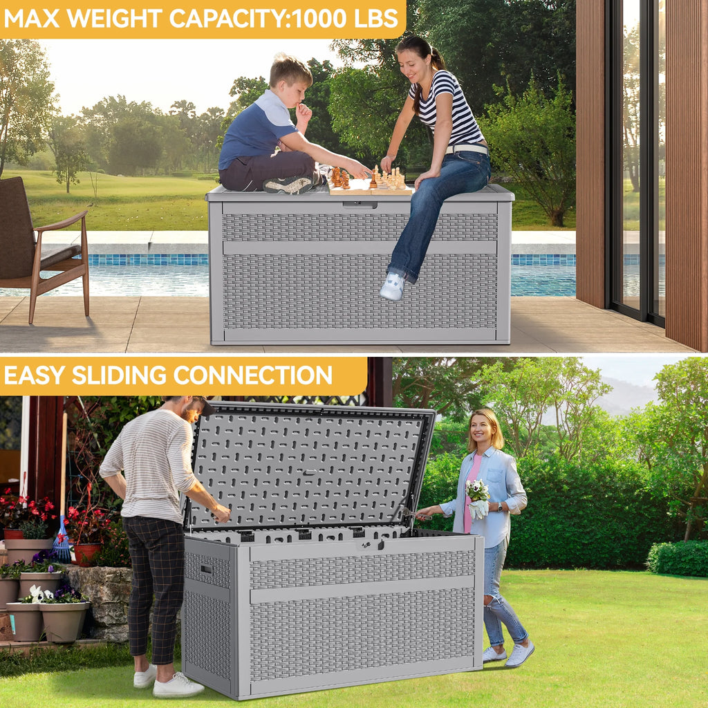 230 Gallon Resin Deck Box, Double-Wall Rattan Outdoor Storage for Patio Furniture, Waterproof and Lockable, Grey Z348222