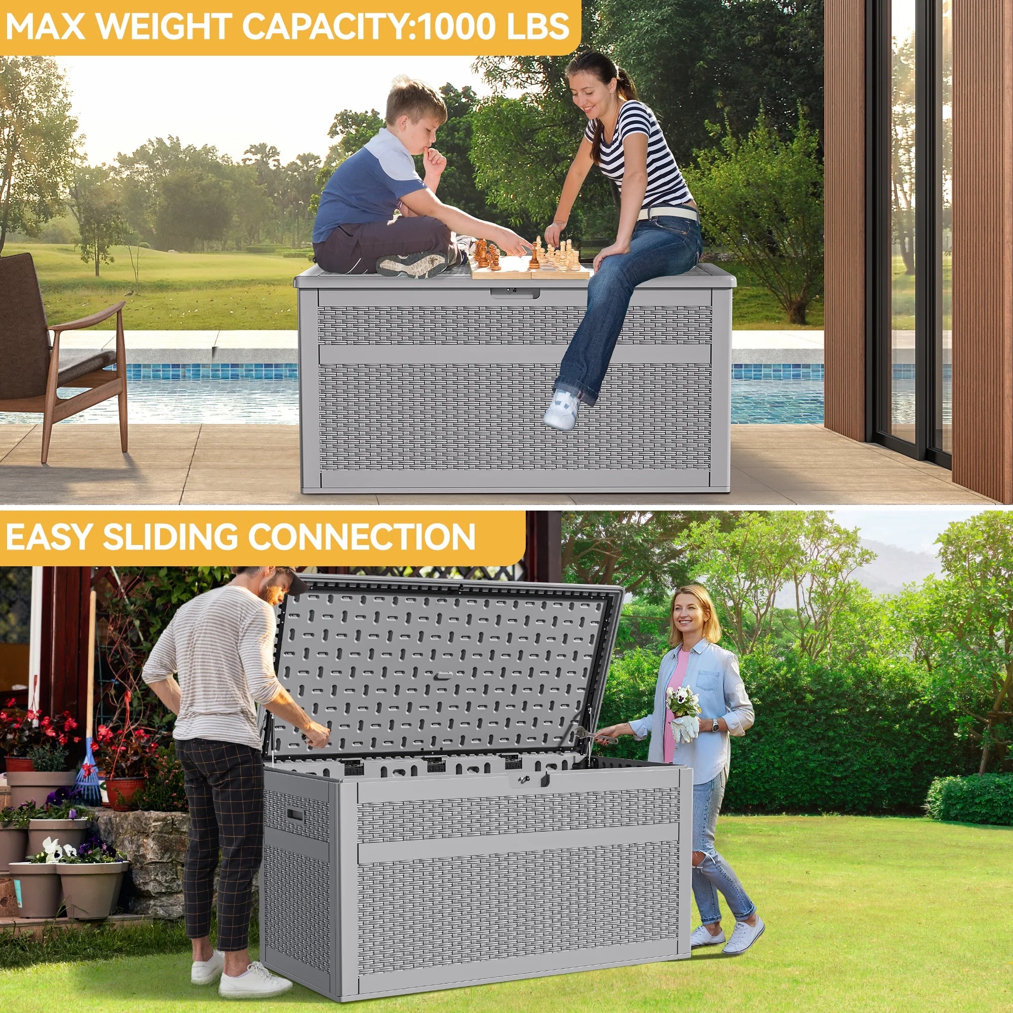 230 Gallon Resin Deck Box, Double-Wall Rattan Outdoor Storage for Patio Furniture, Waterproof and Lockable, Grey Z348222