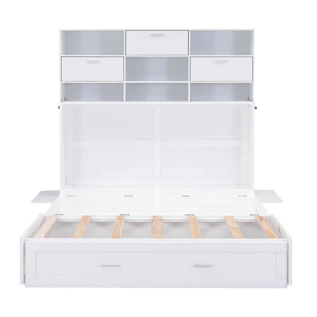 Queen Size Murphy Bed with Bookcase and Drawer, White P7712