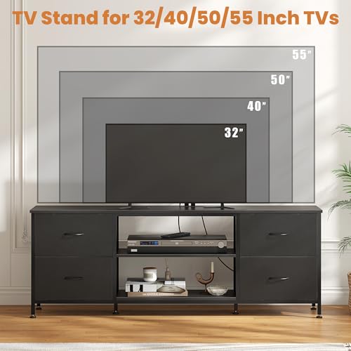 TV Stand with 4 Fabric Drawers and Open Shelves for 50" TV, Black Wood Veins I88170