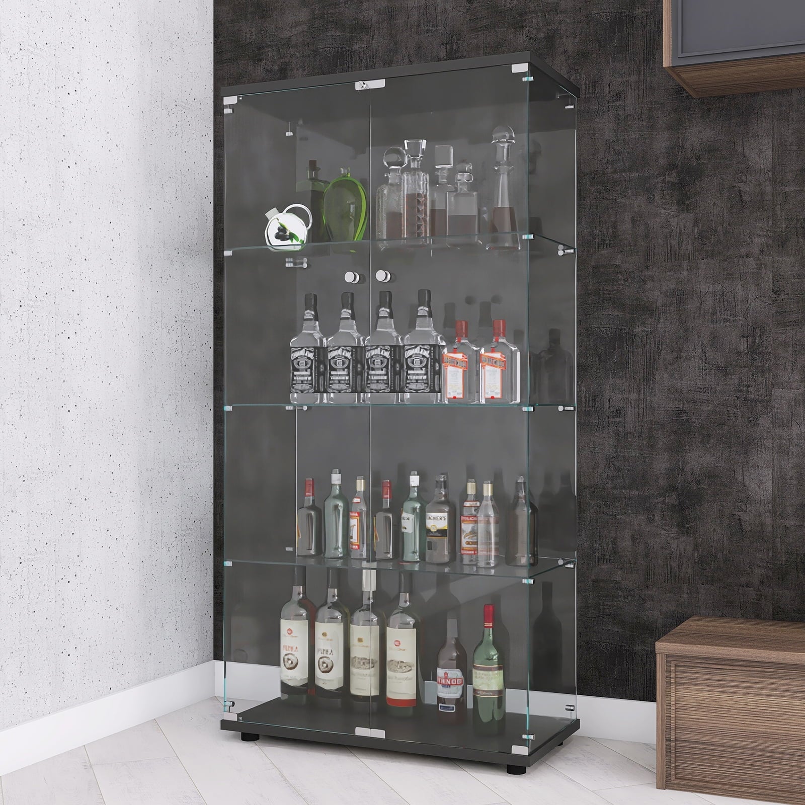 Glass Cabinet with 2 Clear Doors, 4 Shelves, 64" High, Black N9162