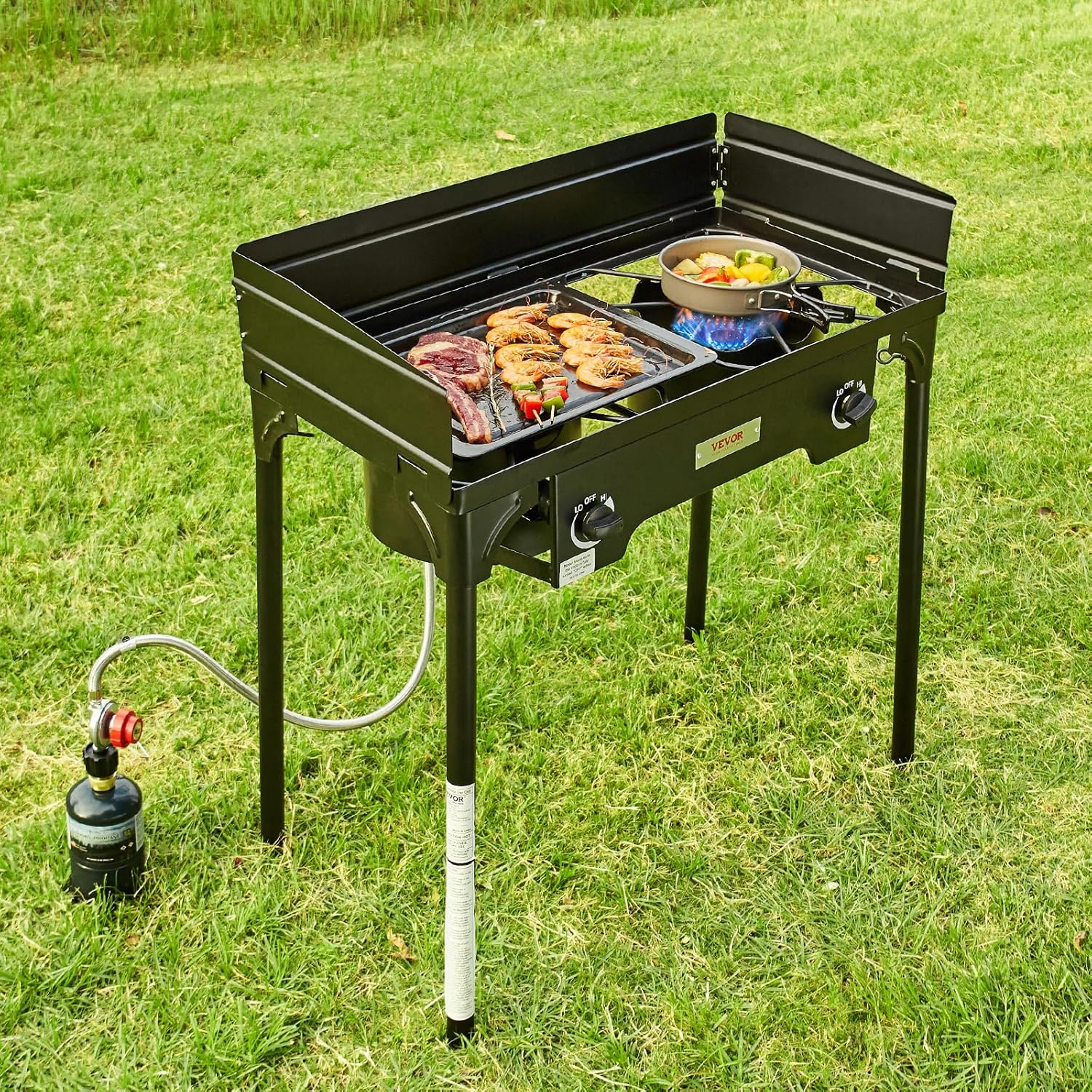 Outdoor Propane Burner, 2 Burner Stove with Windscreen, Heavy Duty Gas Cooker with Detachable Legs Stand S96726