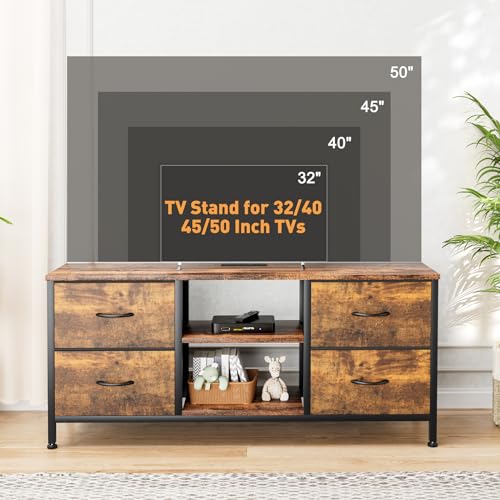 TV Stand with 4 Fabric Drawers and Open Shelves for 50" TV, Black Wood Veins I88170