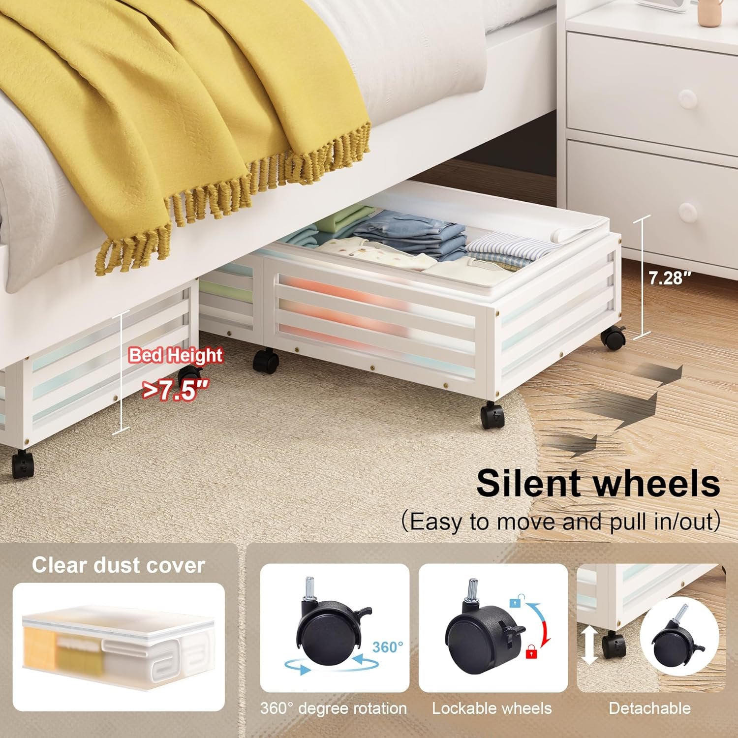 Under Bed Storage Containers with Wheels, Bamboo Wood Rolling Bins with Dust Bags I742087