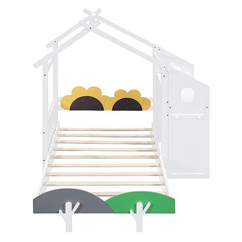 House-Shaped Twin Size Platform Bed with Windmill and Flower Decor G54063