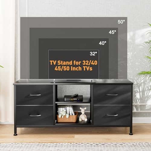 TV Stand with 4 Fabric Drawers and Open Shelves for 50" TV, Black Wood Veins I88170