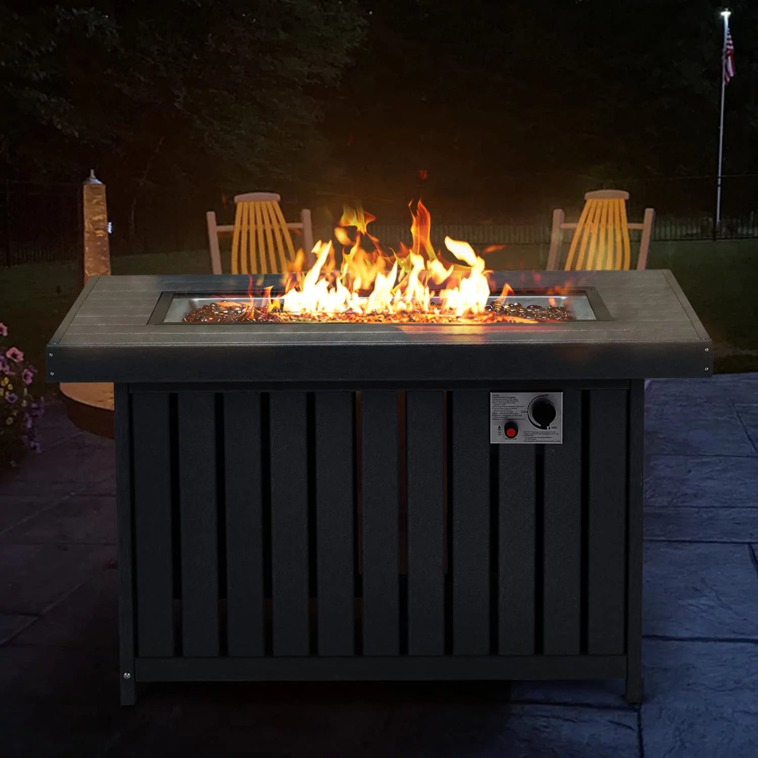 43 Inch HDPE Propane Fire Pit Table with Lid and Fire Glass, Gray E1551