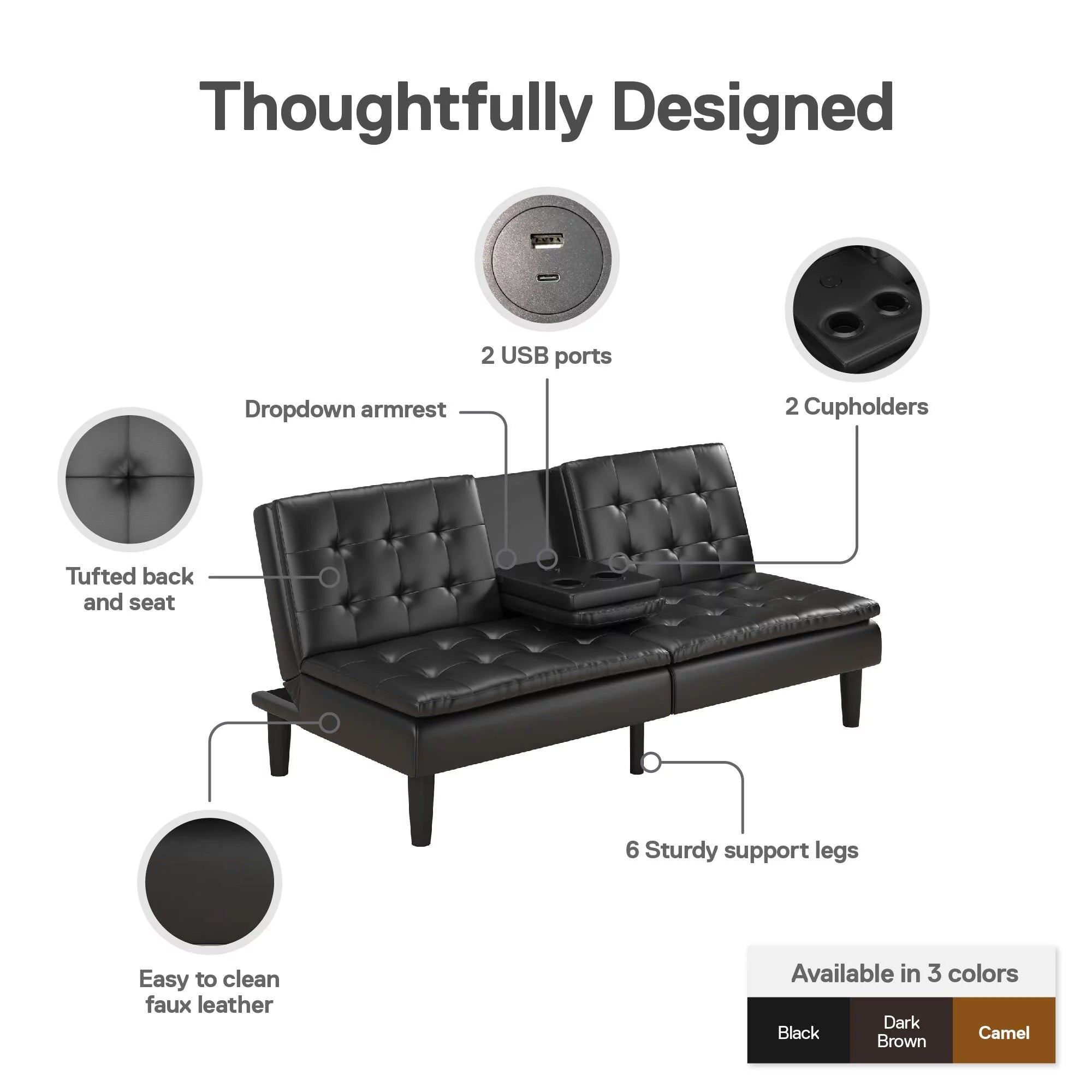 Memory Foam Futon with Cupholder and USB, Black Faux Leather Y2494