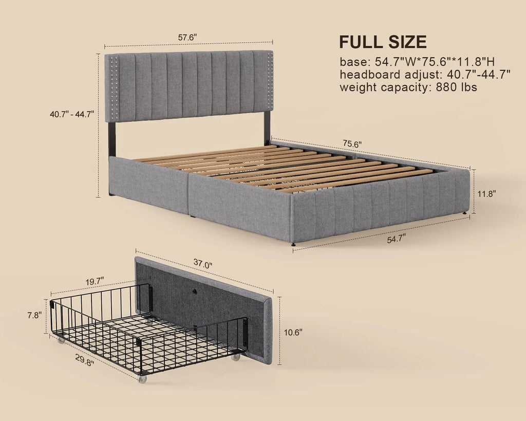 Full Size Bed Frame with Storage Drawers and Adjustable Headboard G6983