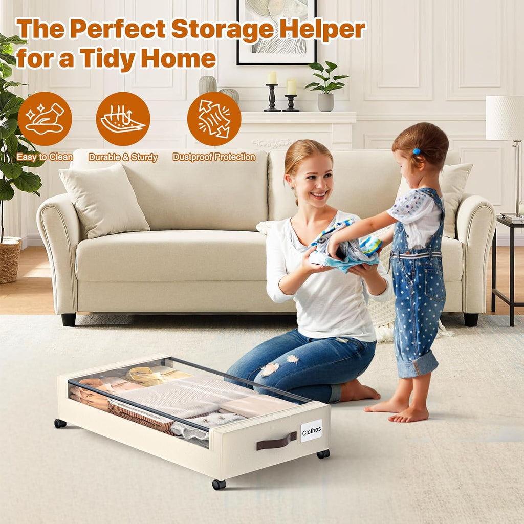 Under Bed Storage Containers with Wheels, 4 Pack, XXL 60L, Clear Lids W6827