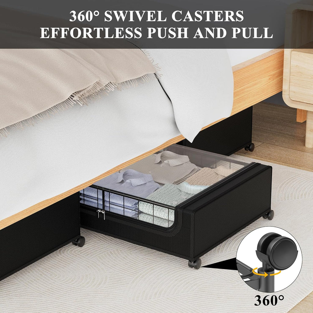 Under Bed Storage with Wheels and Cover, Metal Drawers, Black O642507
