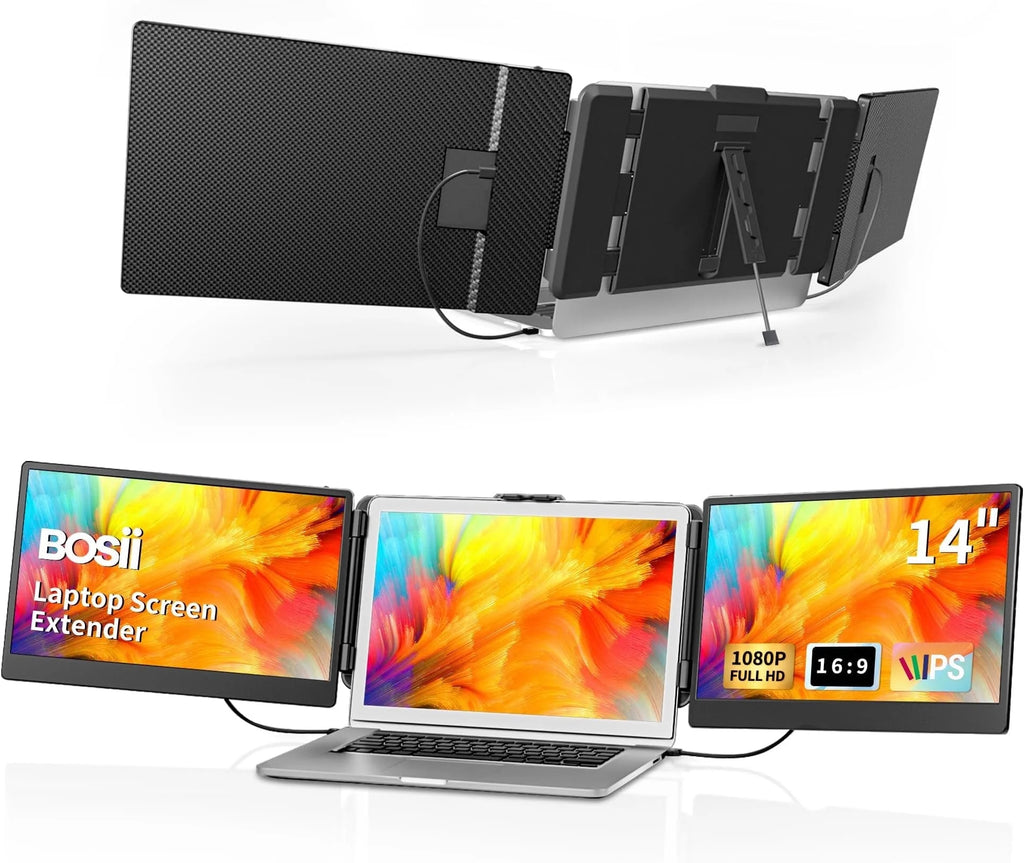 BOSII Laptop Screen Extender Portable - 14 Inch Triple IPS FHD 1080P HDMI/USB-A/Type-C Extended Monitor for Laptops (Maximum Length: 15.74") Compatible with Windows Mac Travel Gaming Work