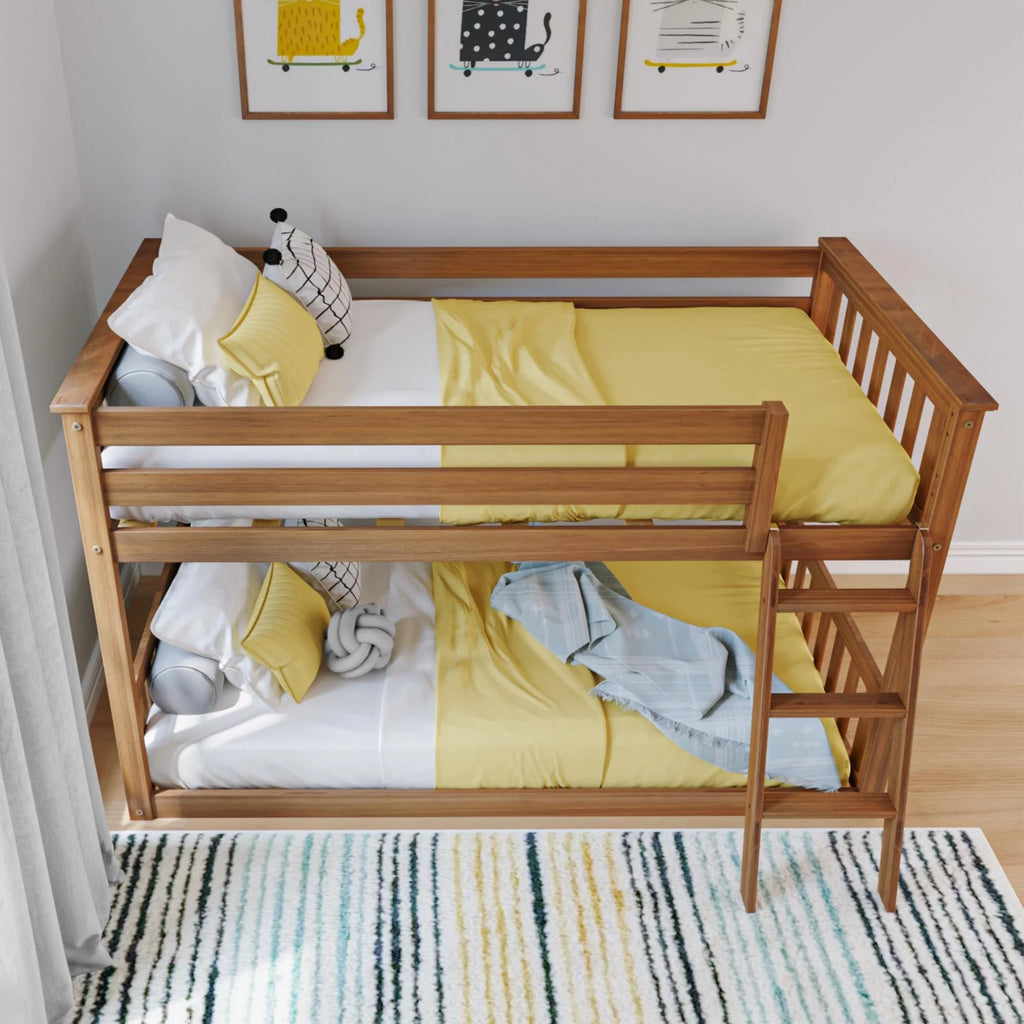 Twin over Twin Low Bunk Bed with Ladder for Kids, Solid Wood N99866