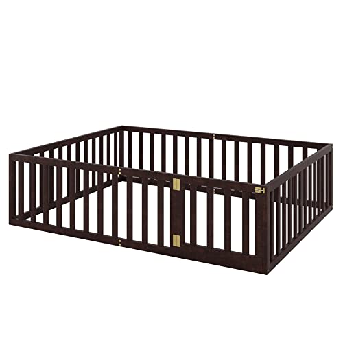 Twin Floor Bed Frame with Safety Fence, Solid Wood J960722
