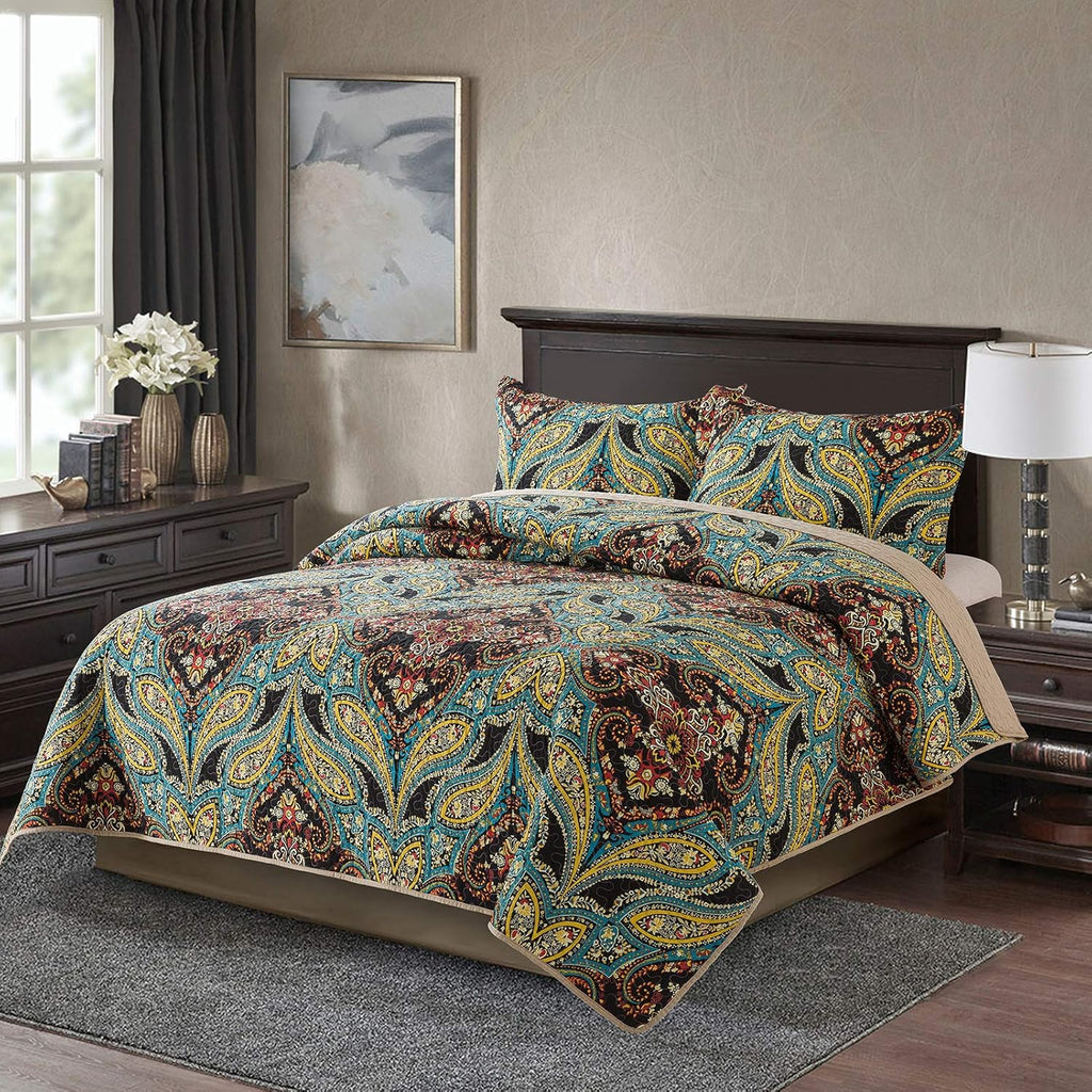 Cotton Bedspread Quilt Set, Reversible Patchwork Coverlet, Floral Pattern H52511