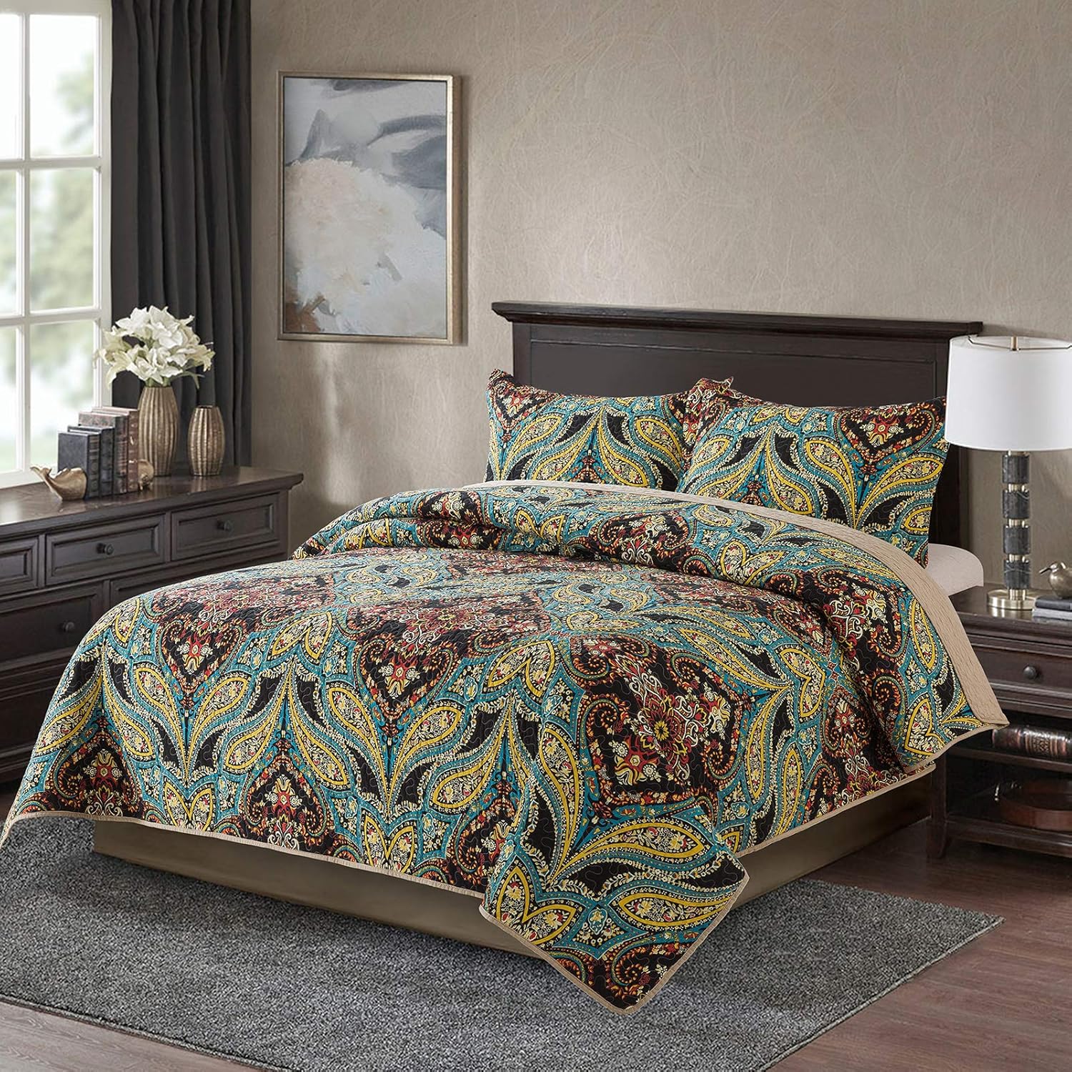 Cotton Bedspread Quilt Set, Reversible Patchwork Coverlet, Floral Pattern H52511