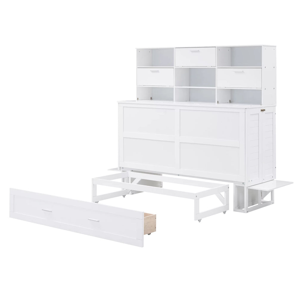Queen Size Murphy Bed with Bookcase and Drawer, White P7712