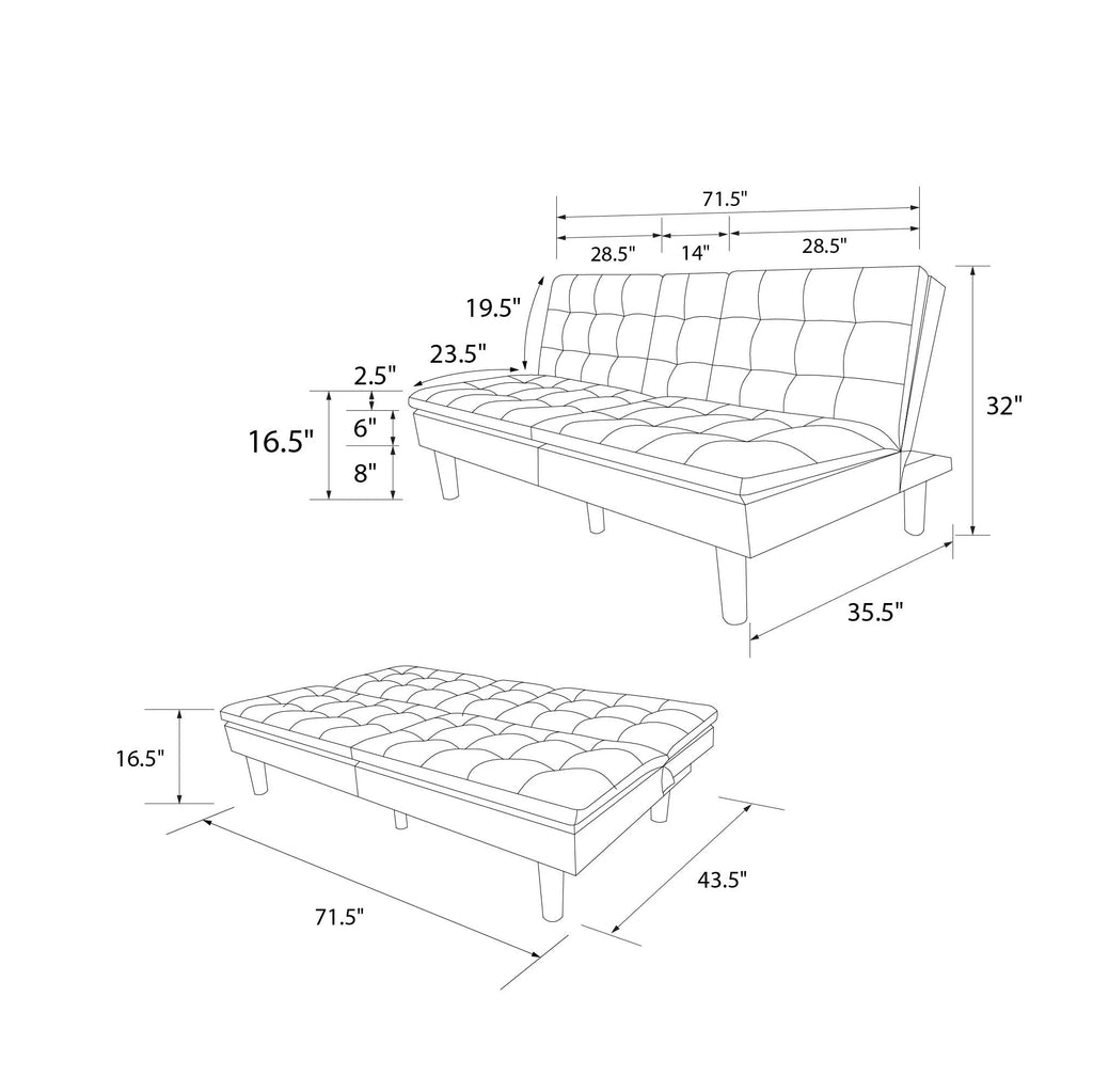 Memory Foam Futon with Cupholder and USB, Black Faux Leather Y2494