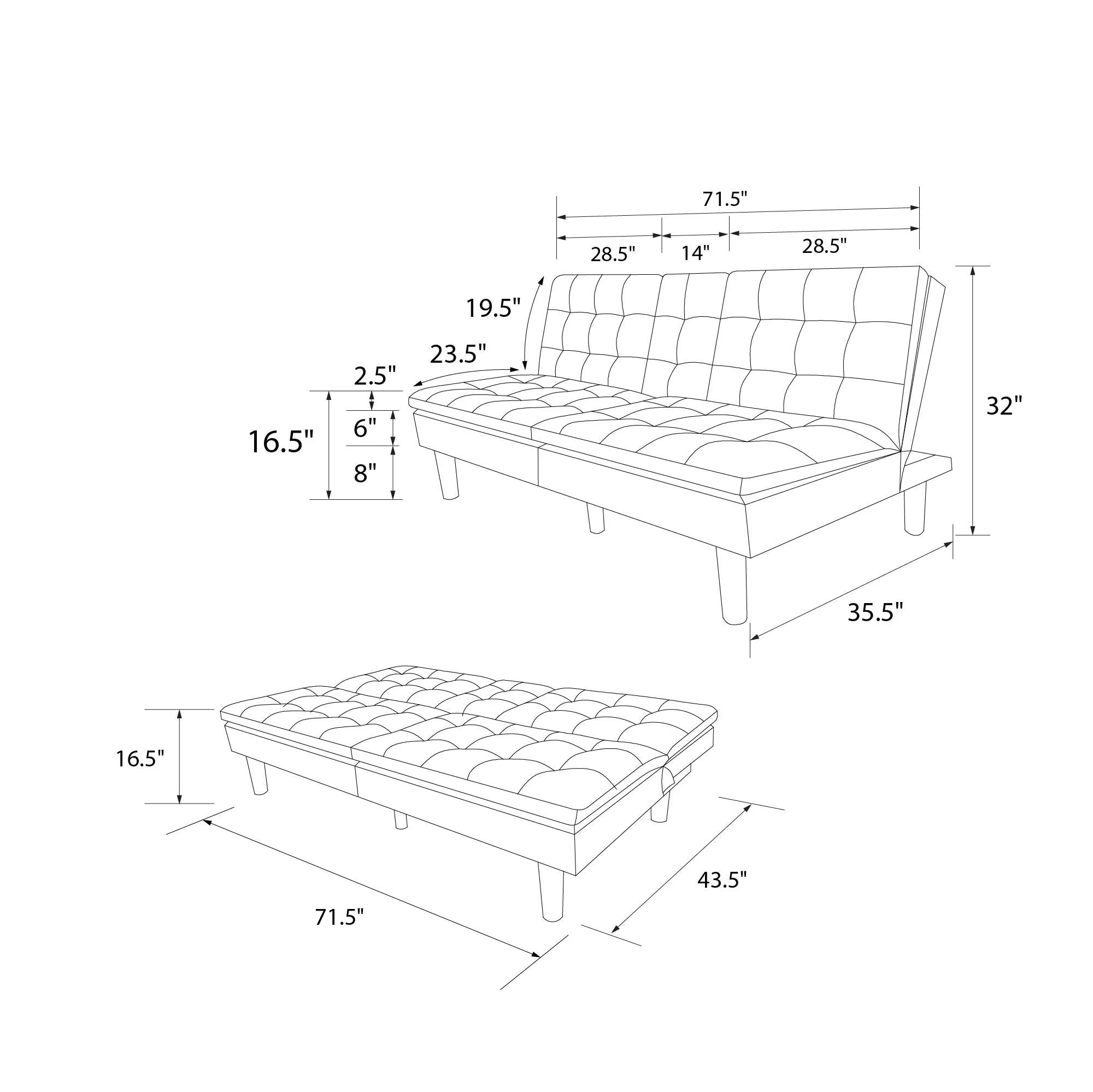 Memory Foam Futon with Cupholder and USB, Black Faux Leather Y2494
