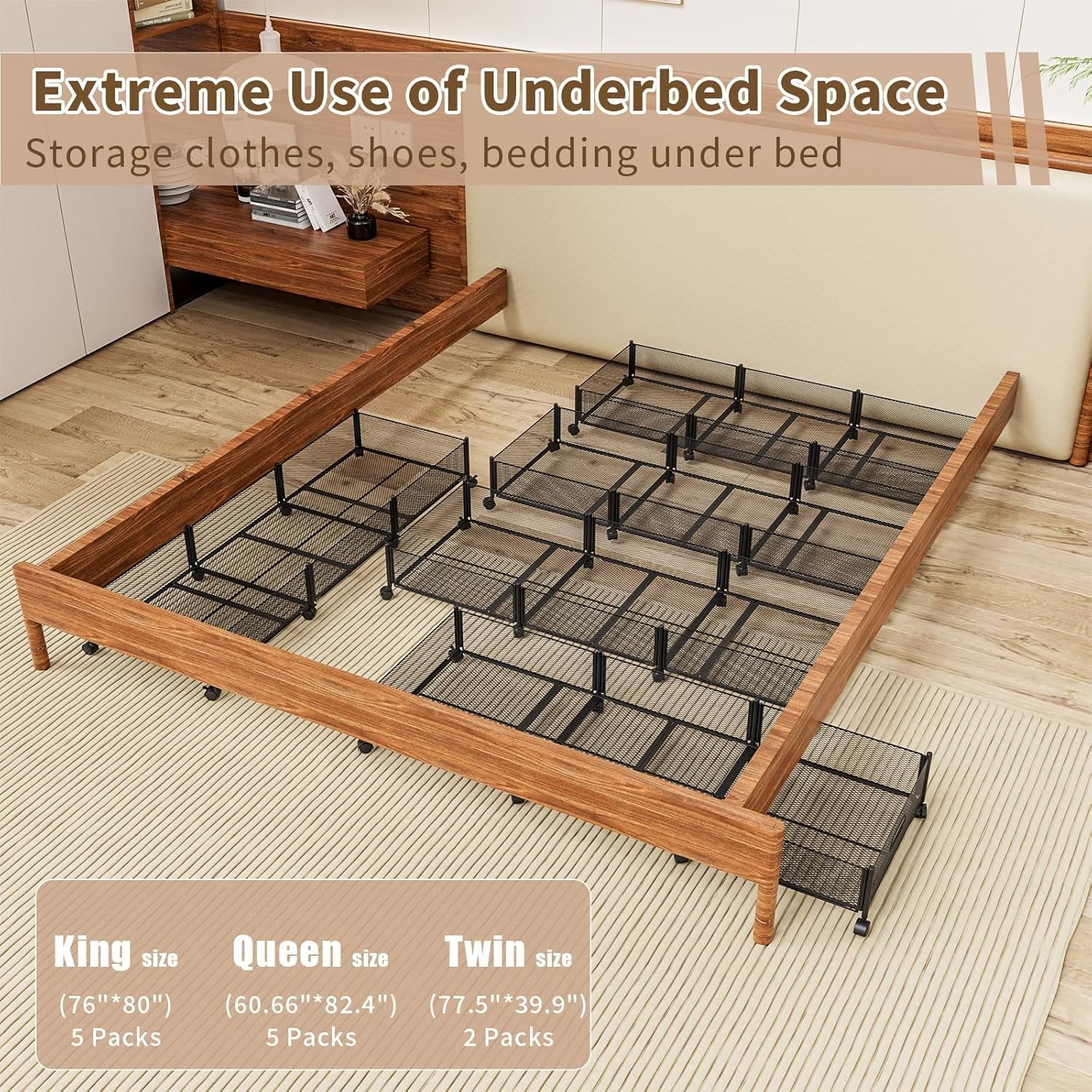 Under Bed Storage on Wheels, Large Capacity Rolling Containers, Foldable Drawers Y925938