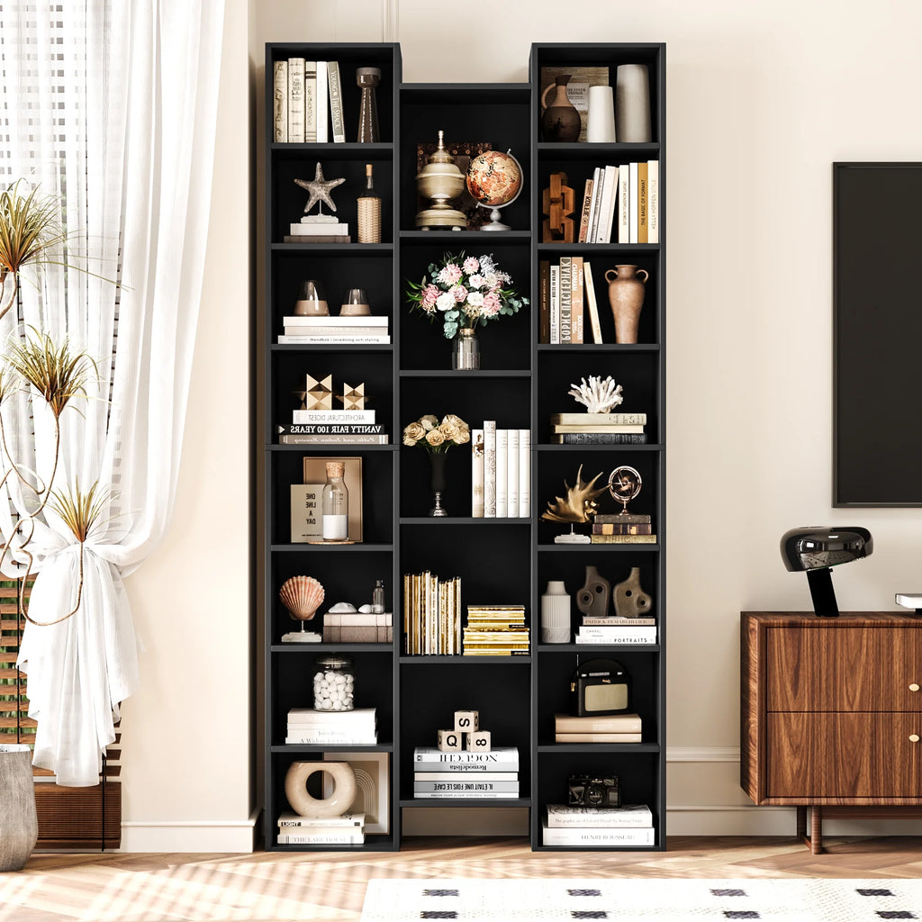 21-Cube Bookcase with Adjustable Shelves, Triple Width Storage Rack, Black R4388