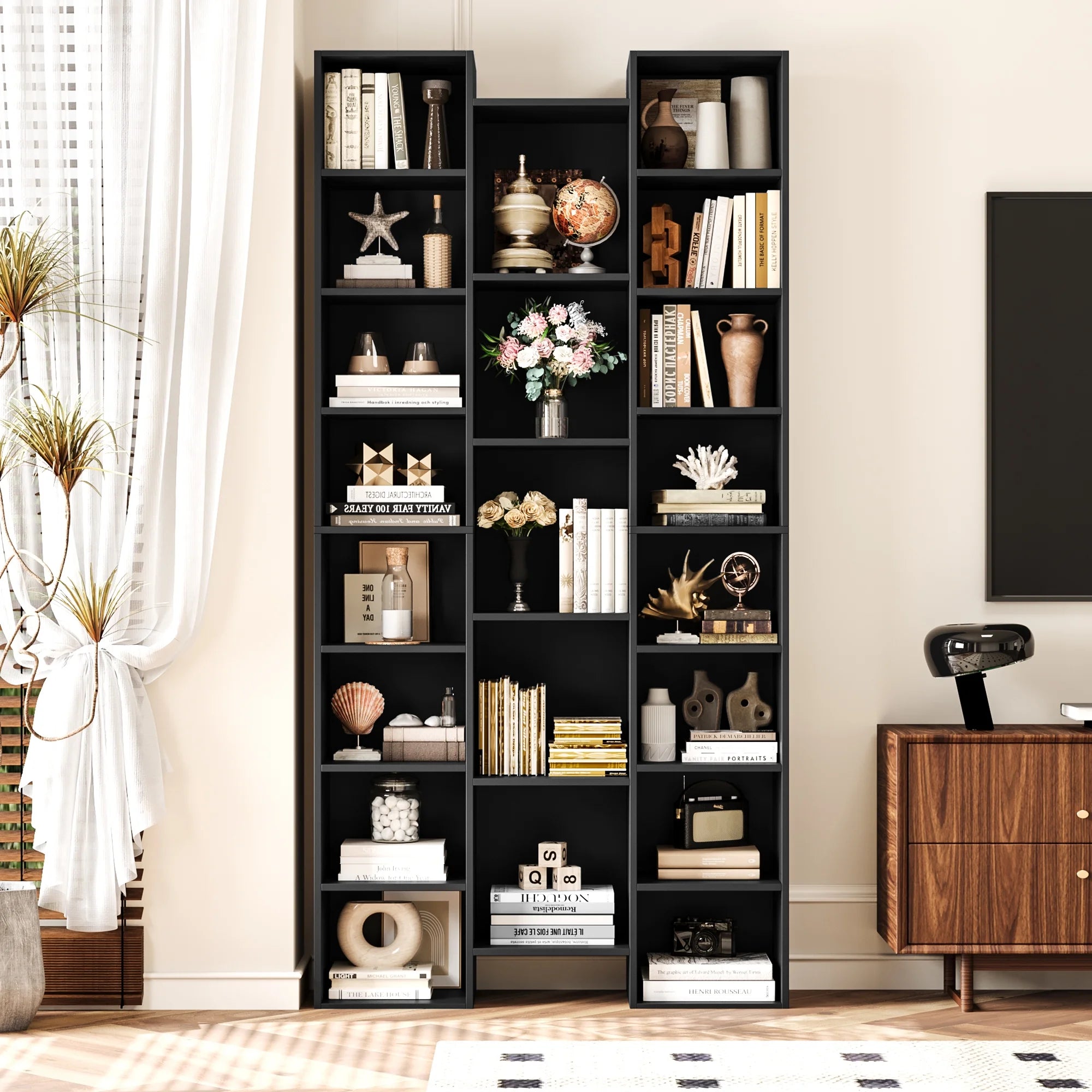 21-Cube Bookcase with Adjustable Shelves, Triple Width Storage Rack, Black R4388