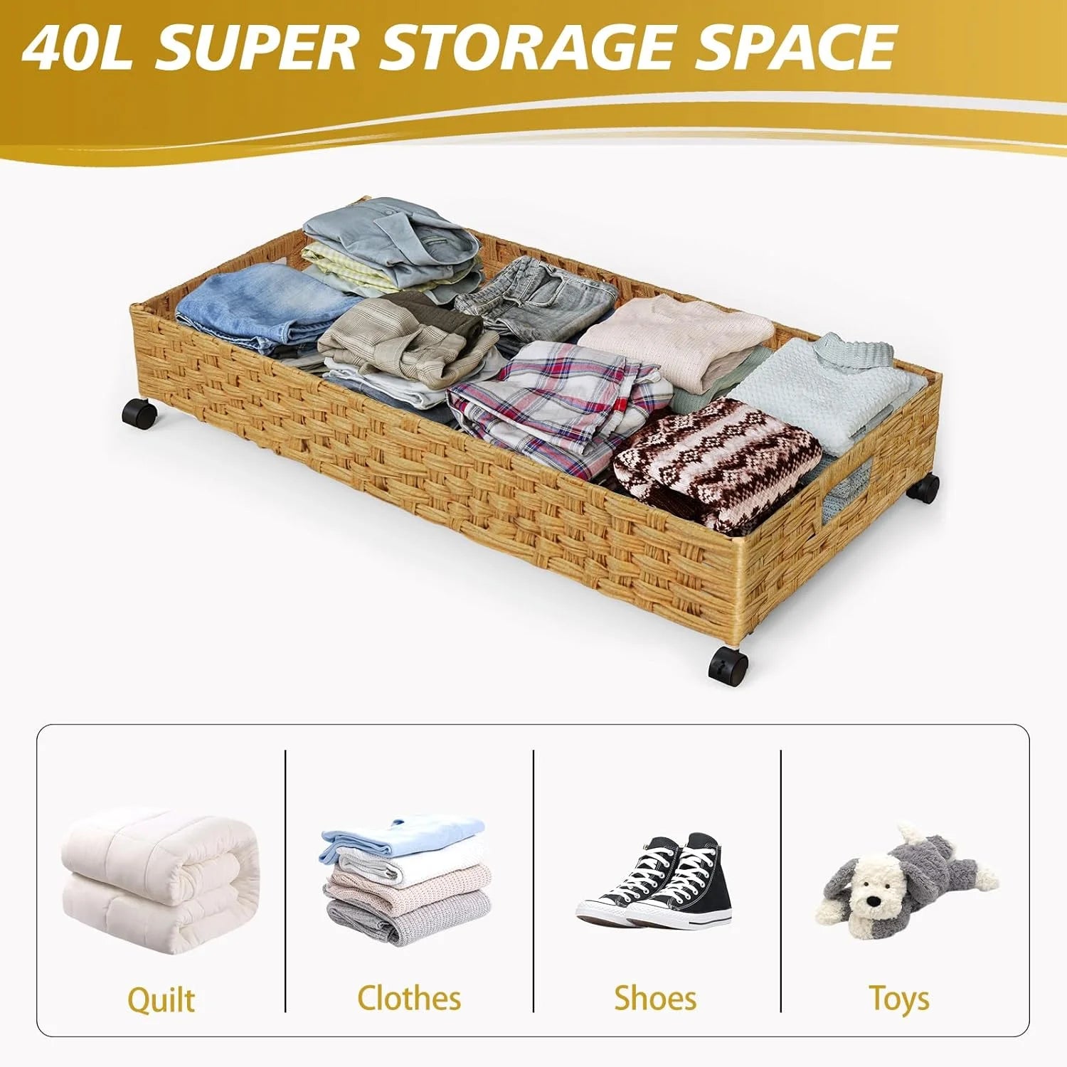 Under Bed Storage Containers with Wheels, 2 Pack, Rattan Organizer Drawer L9868