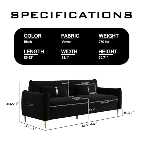 3-Seat Velvet Couch with Solid Wood Frame and Pillows Z663
