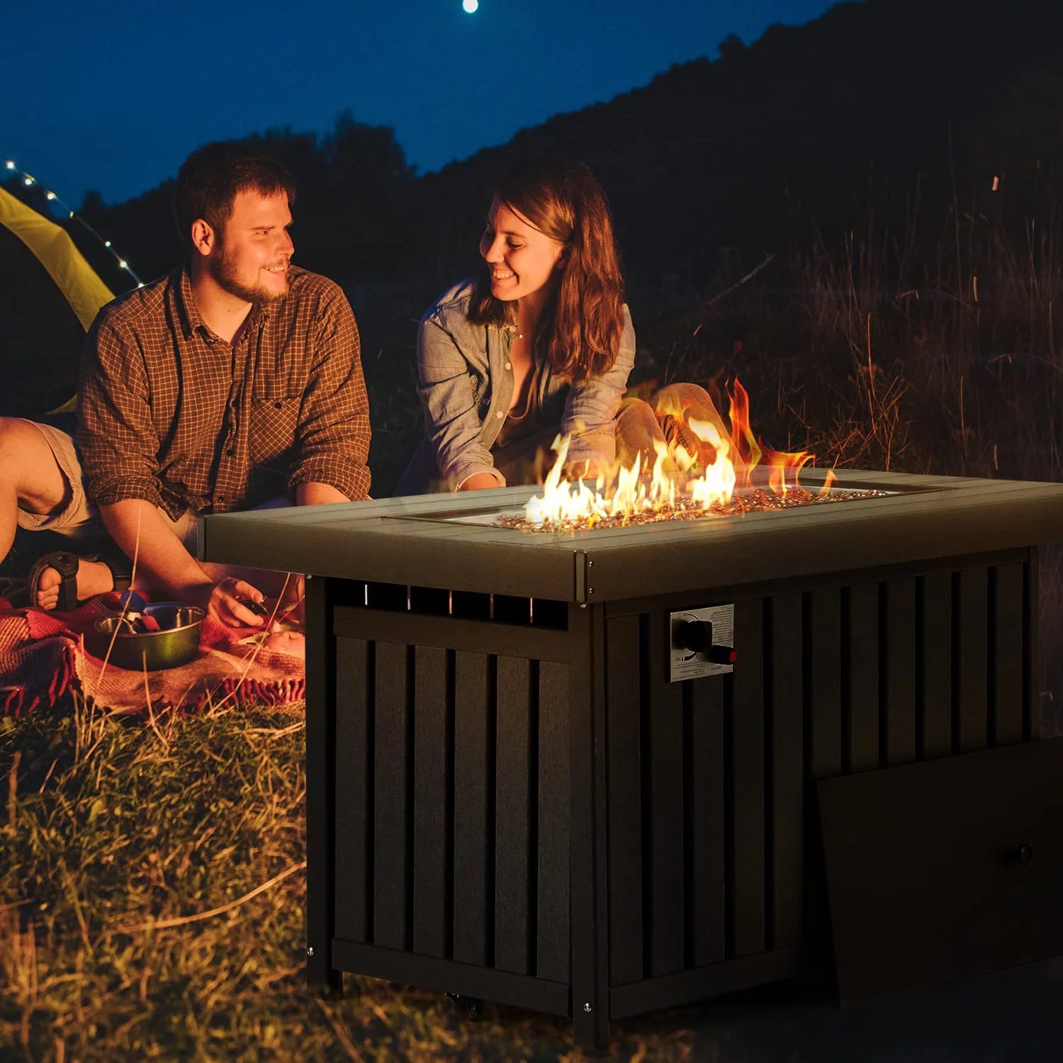 43 Inch HDPE Propane Fire Pit Table with Lid and Fire Glass, Gray E1551