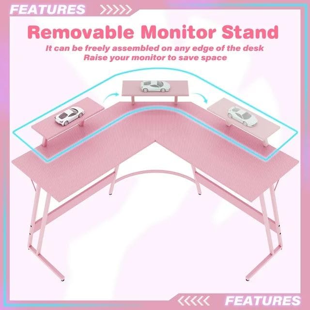 Pink L-Shaped Gaming Desk with Monitor Stand, 47 Inch Corner Computer Table H490