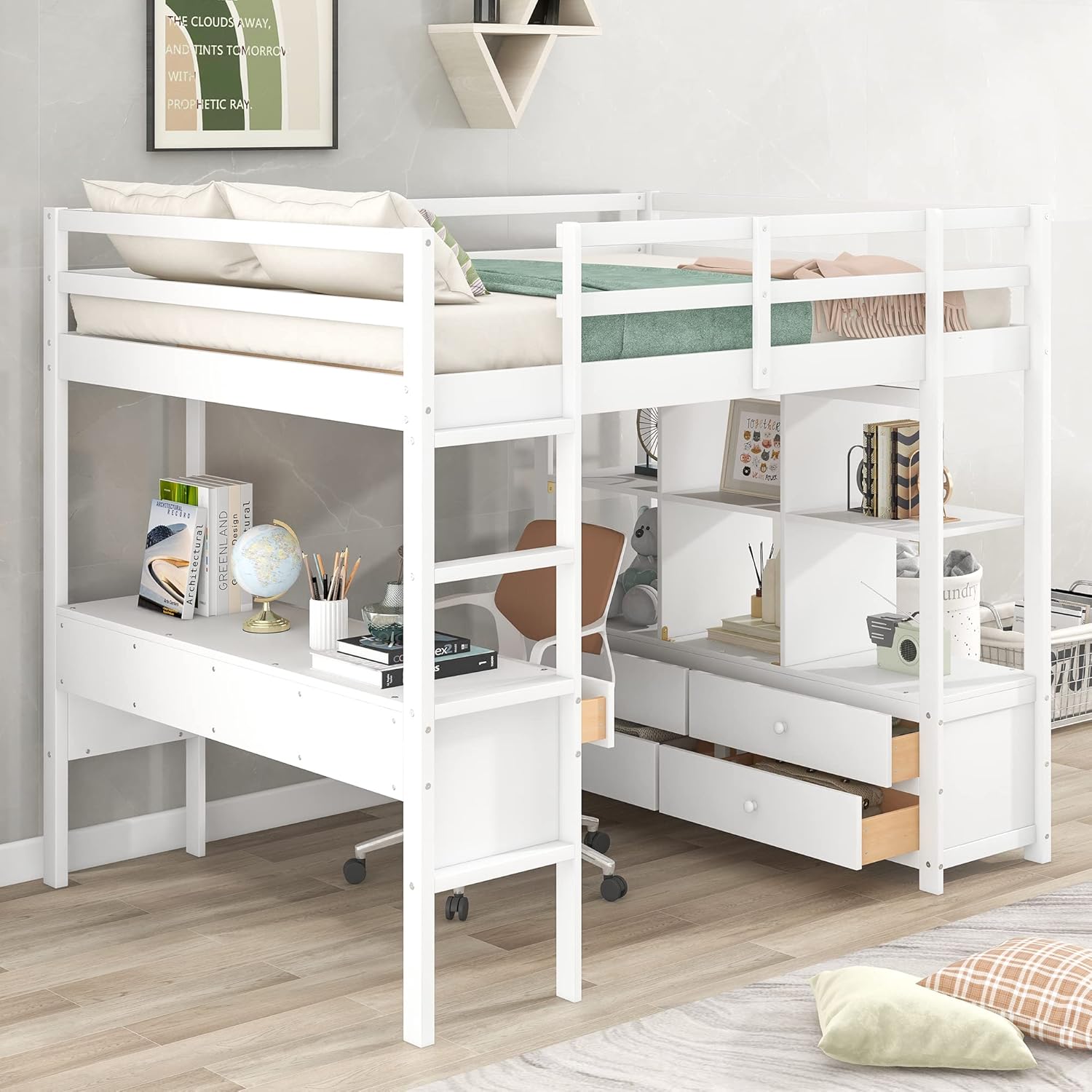 Full Loft Bed with Built-in Desk and Storage Shelves Z5593